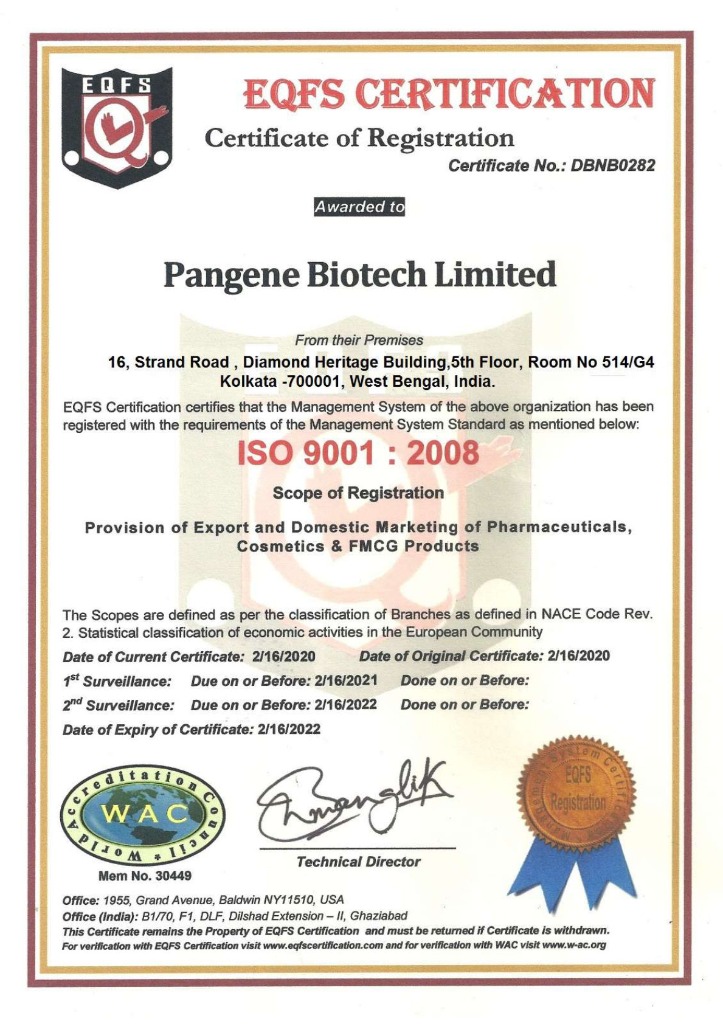 Pangene Biotech ISO Certificate